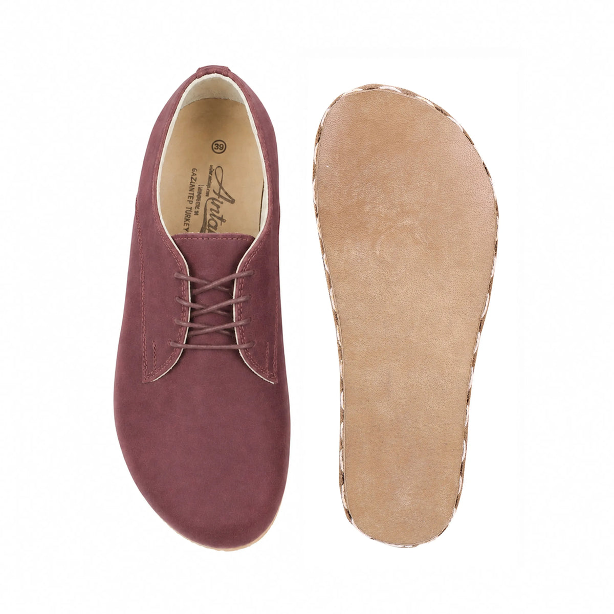 Nubuck Barefoot Oxford Shoes — Leather Sole – Burgundy
