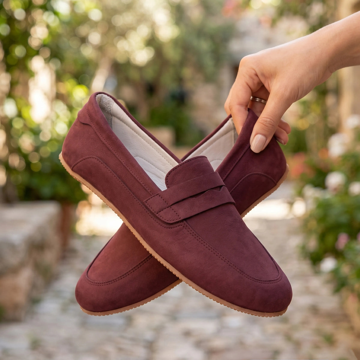 Nubuck Barefoot Penny Loafer Shoes – Rubber Sole – Burgundy