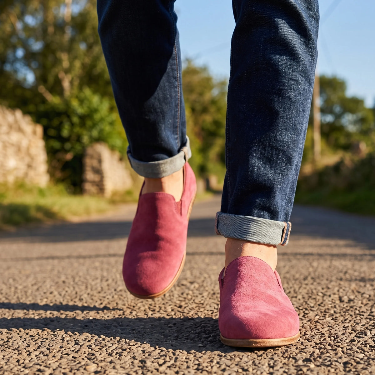 Suede Barefoot Slip-On Shoes – Classic Sole — Leather Sole – Candy Pink