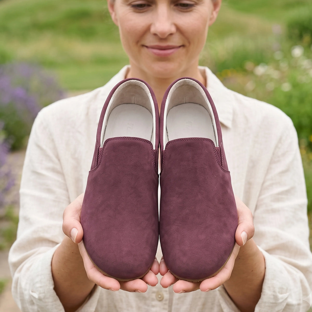 Nubuck Barefoot Slip-On Shoes – Rubber Sole – Burgundy