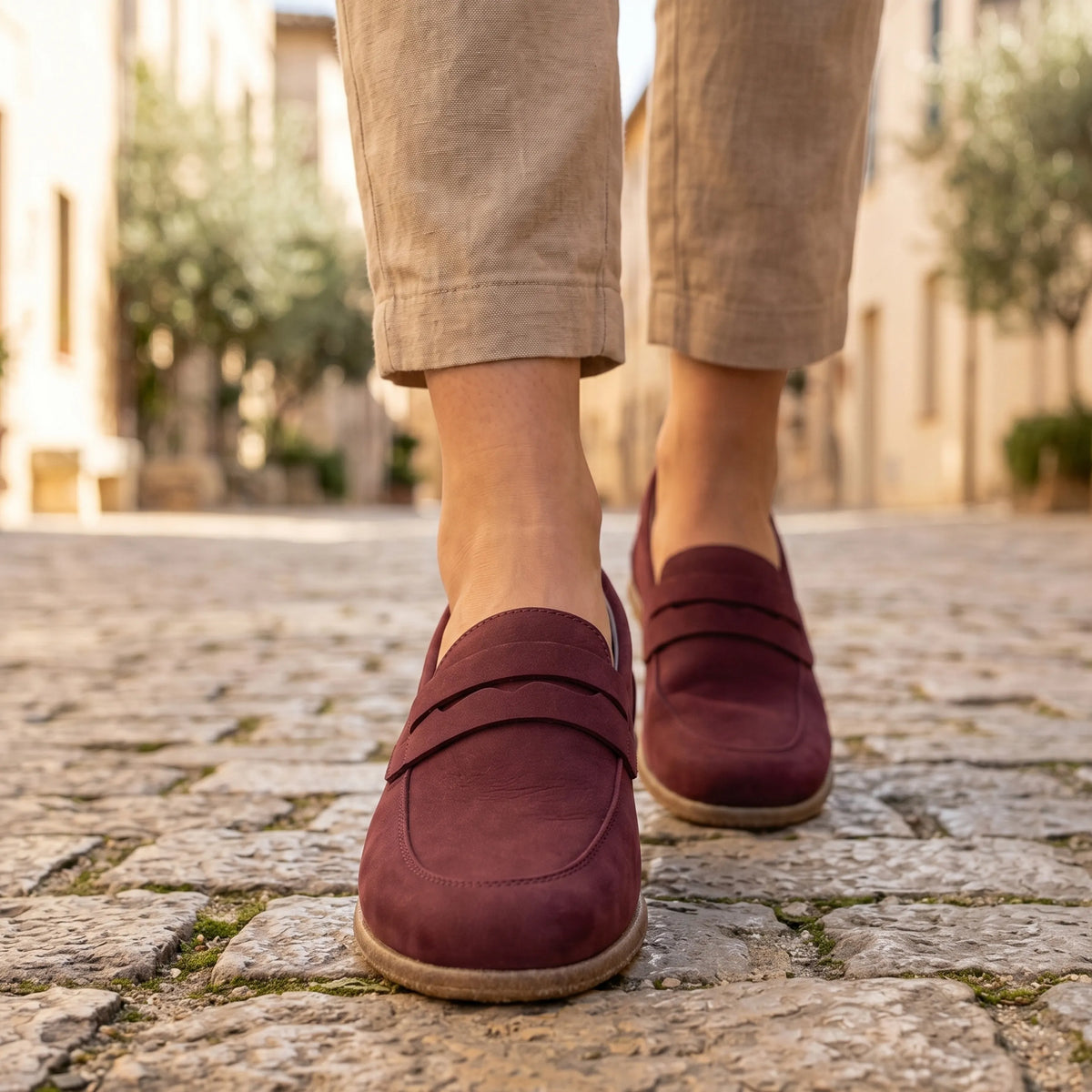 Nubuck Barefoot Penny Loafer Shoes – Classic Sole — Leather Sole – Burgundy