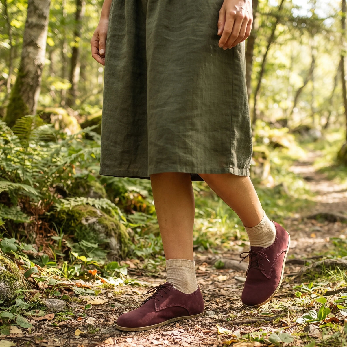 Nubuck Barefoot Oxford Shoes – Classic Sole — Leather Sole – Burgundy