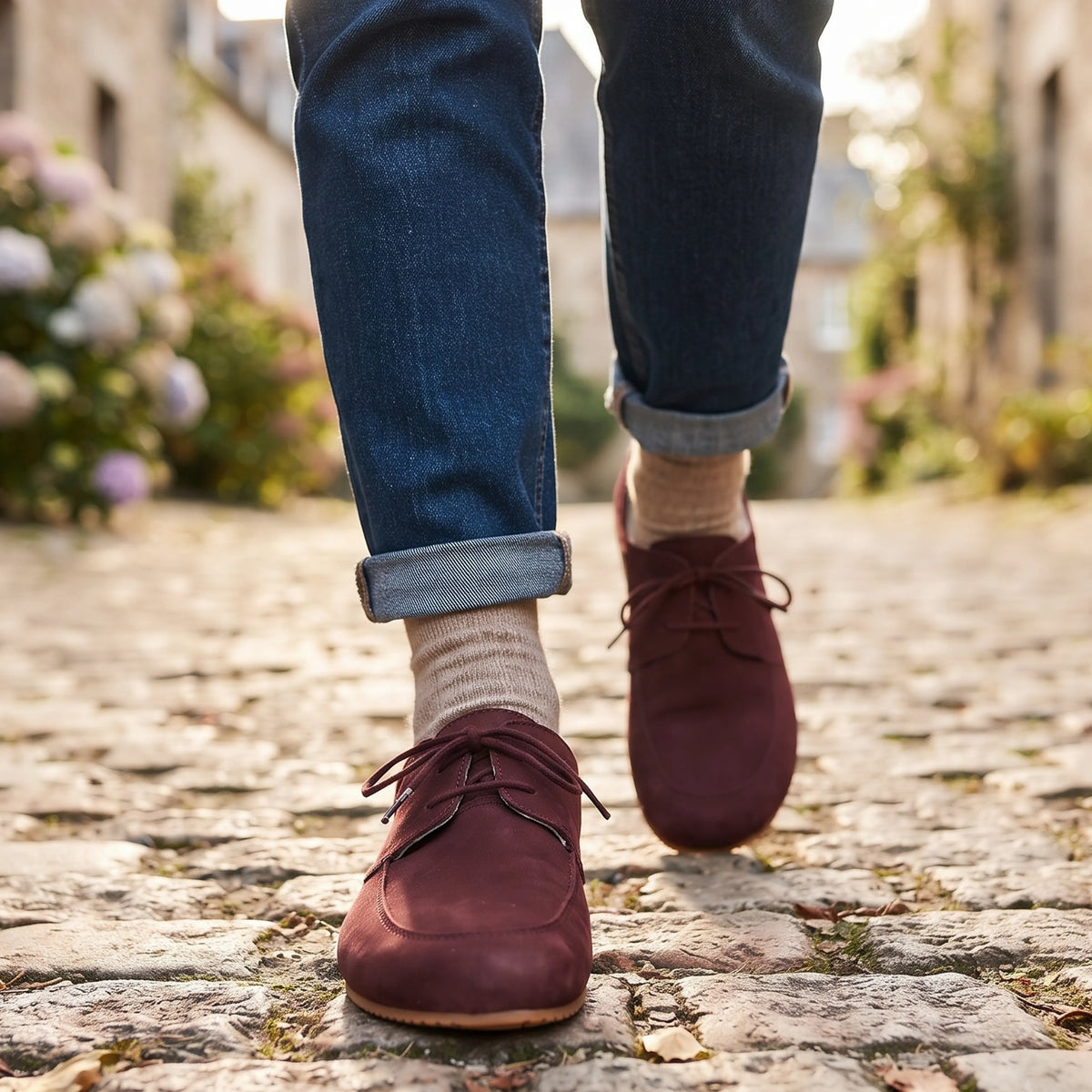 Nubuck Barefoot Laces Penny Loafer Shoes – Rubber Sole – Burgundy