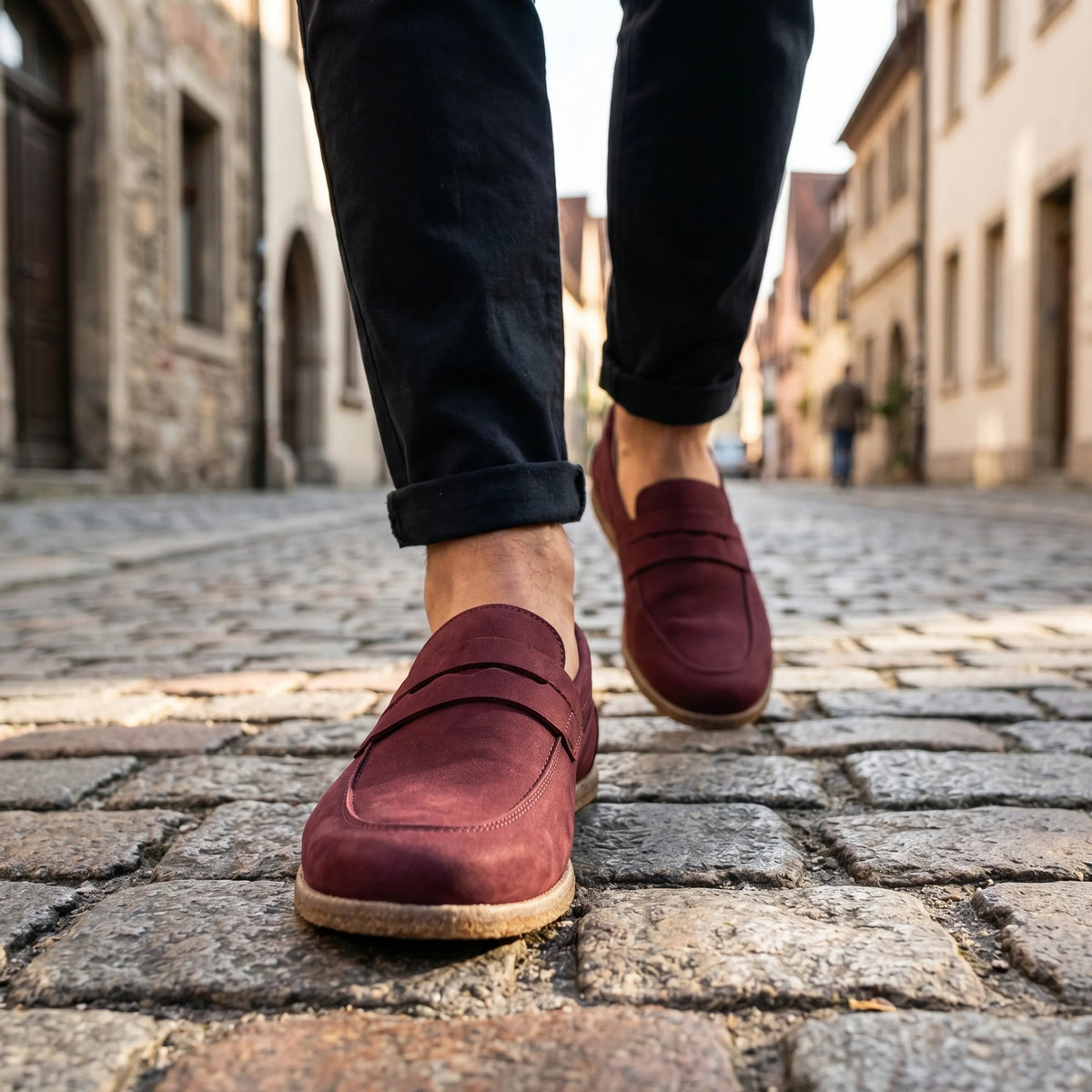 Nubuck Barefoot Penny Loafer Shoes – Classic Sole — Leather Sole – Burgundy