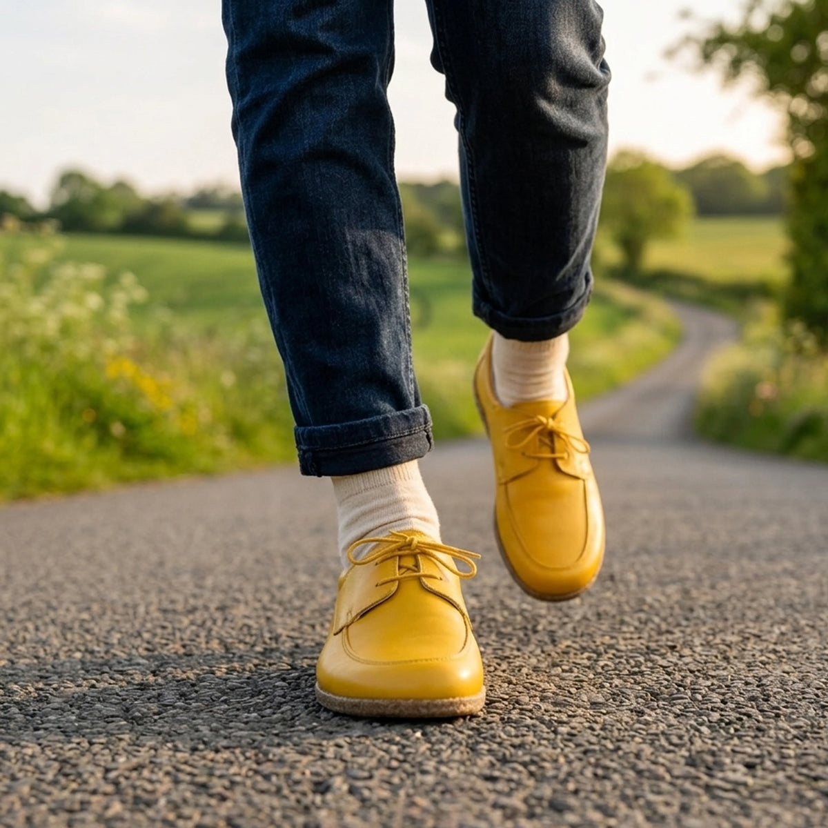 Smooth Barefoot Laces Penny Loafer Shoes – Classic Sole — Leather Sole – Yellow