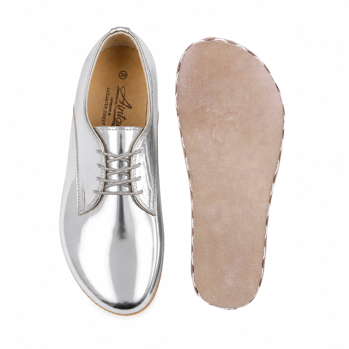 Bright Barefoot Oxford Shoes — Leather Sole – Silver