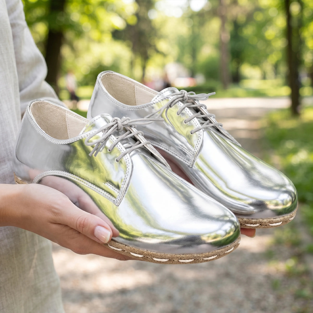 Bright Barefoot Oxford Shoes — Leather Sole – Silver