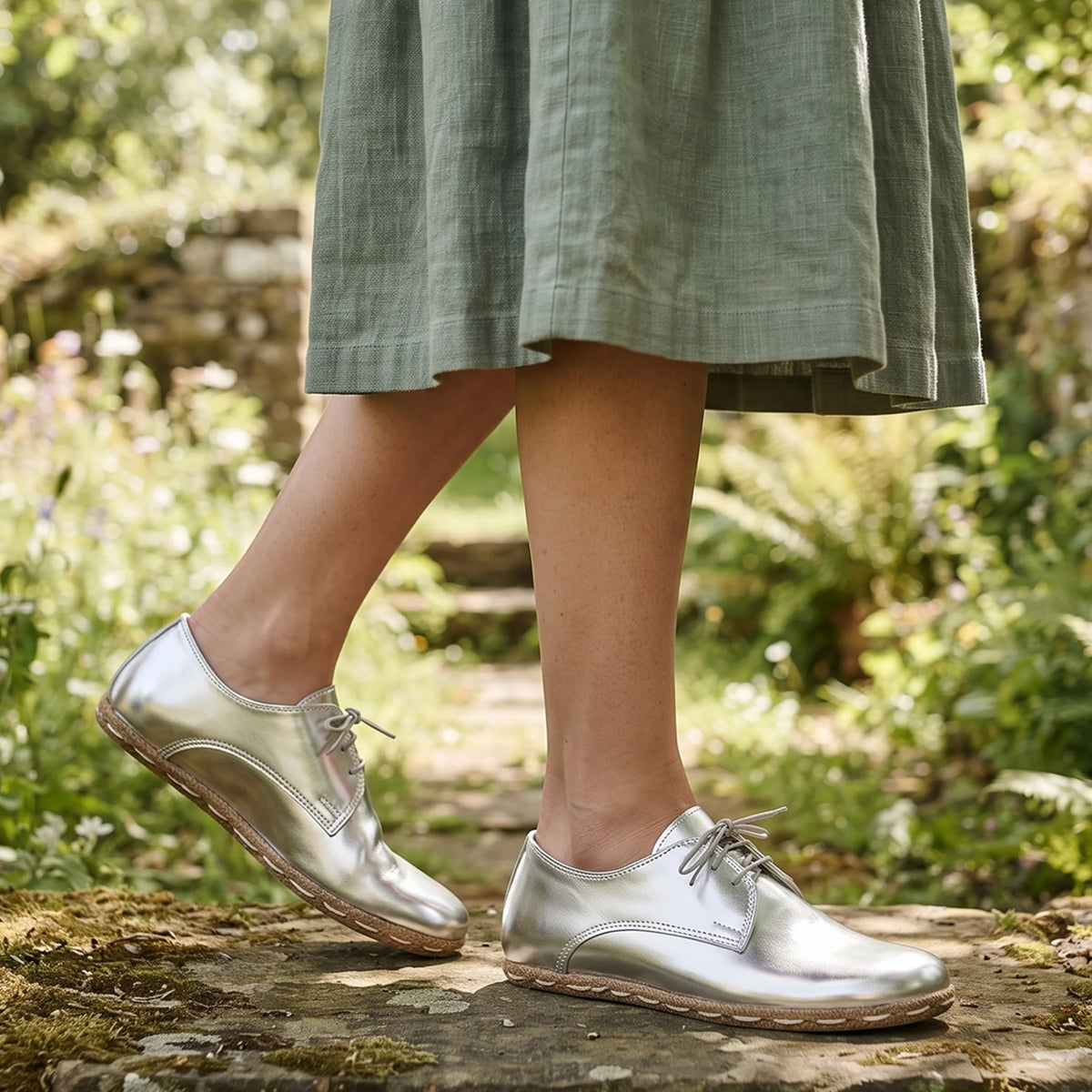 Bright Barefoot Oxford Shoes — Leather Sole – Silver
