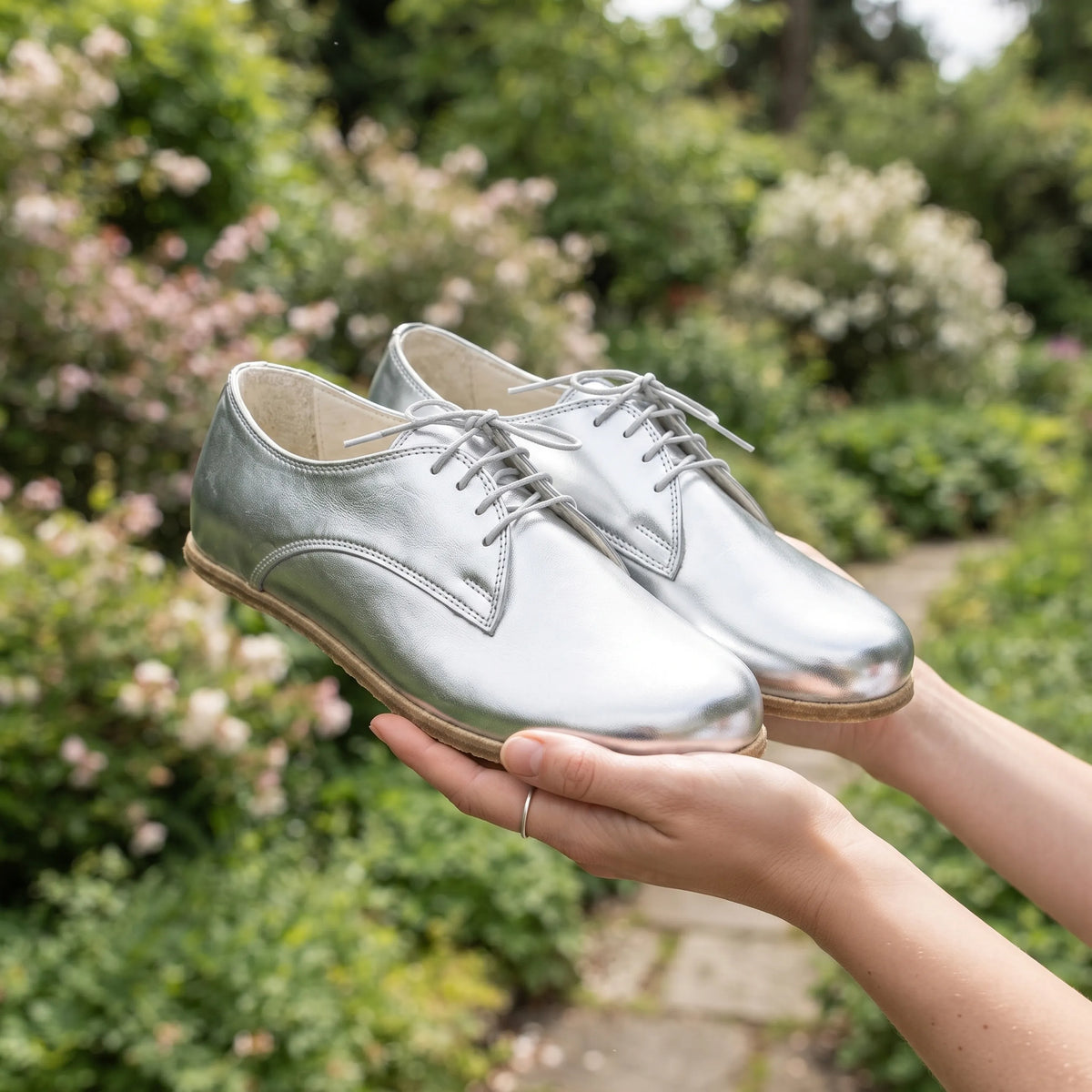 Bright Barefoot Oxford Shoes – Classic Sole — Leather Sole – Silver