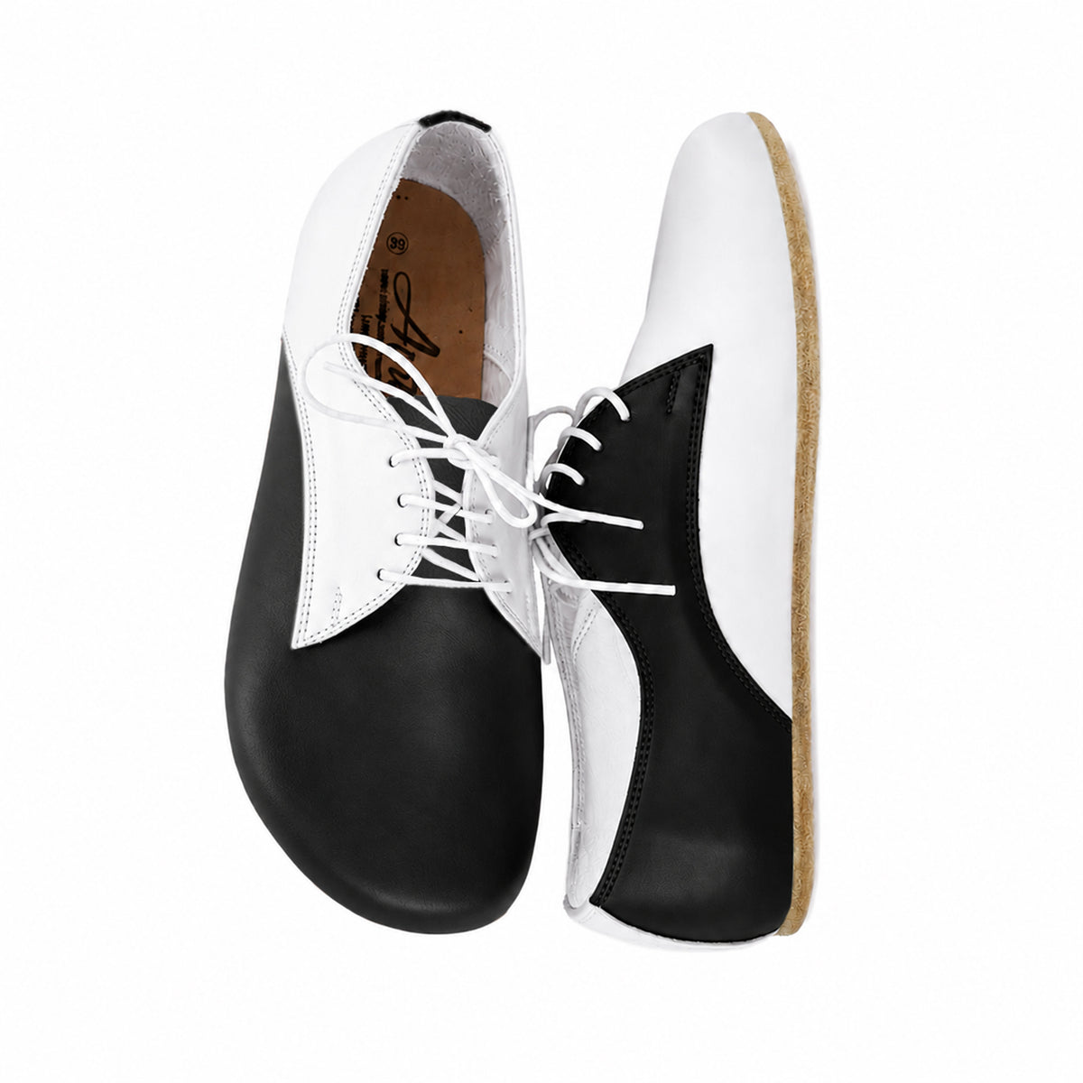 Smooth Barefoot Oxford Shoes – Classic Sole — Leather Sole – White-black