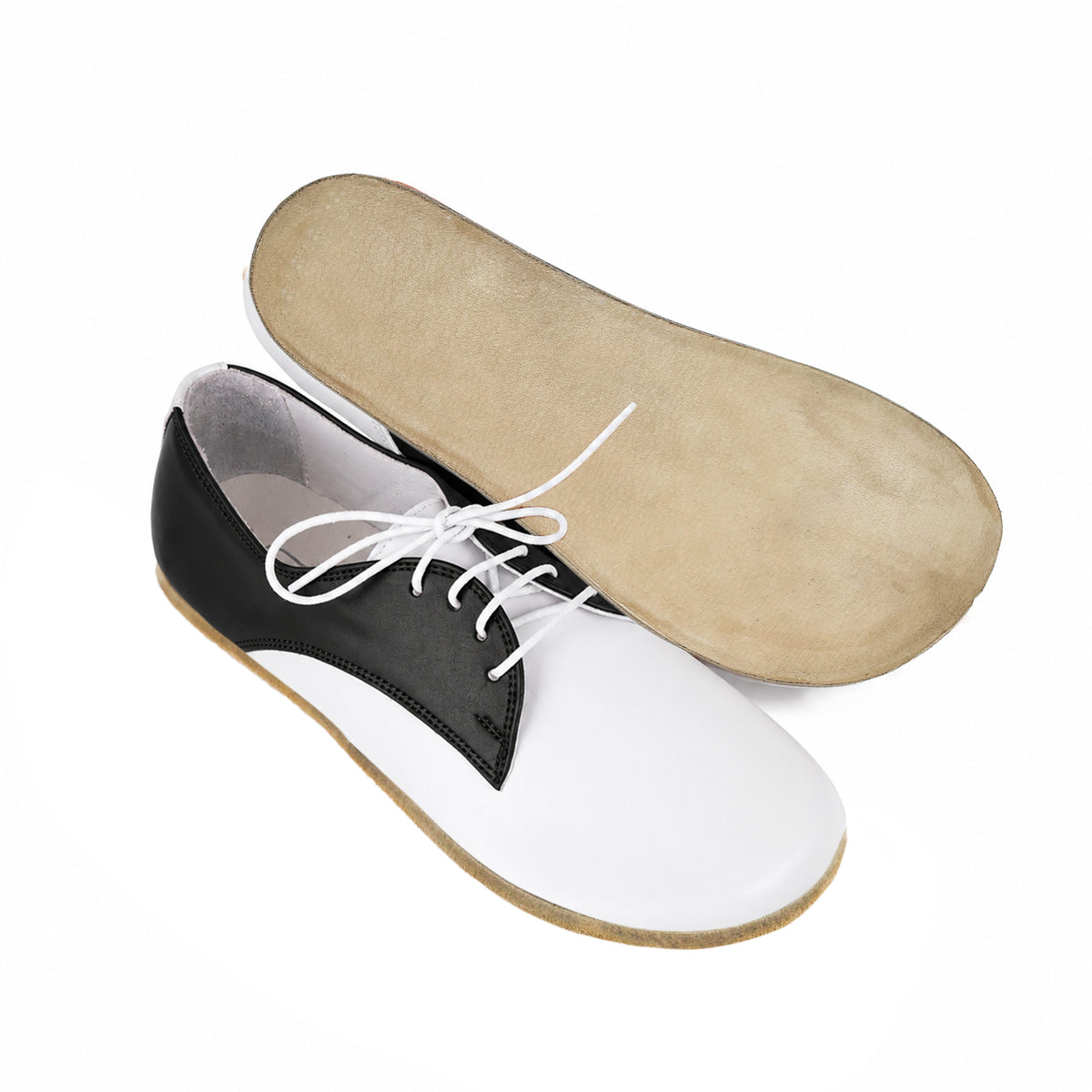 Smooth Barefoot Oxford Shoes – Classic Sole — Leather Sole – White-black