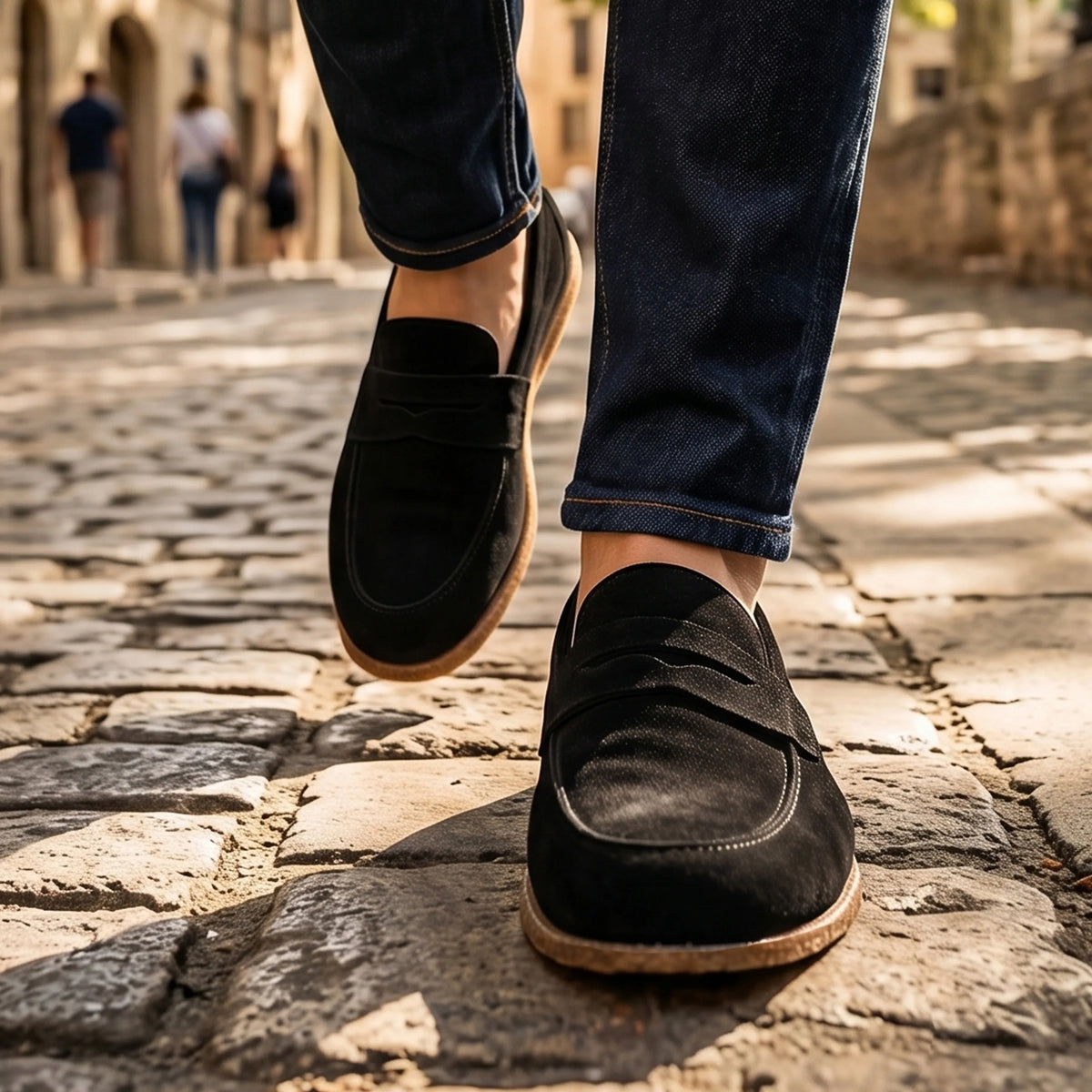 Suede Barefoot Penny Loafer Shoes – Classic Sole — Leather Sole – Black