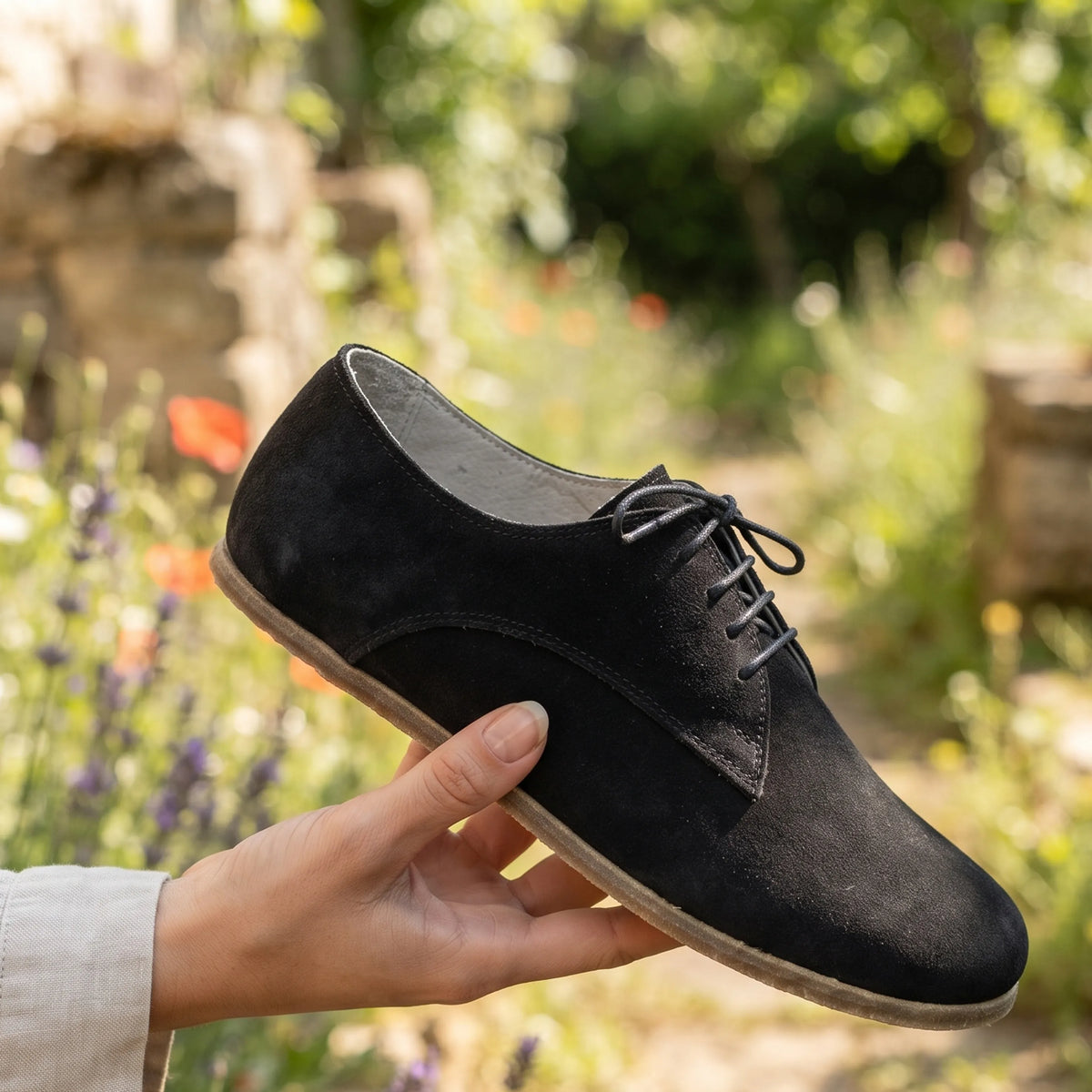 Suede Barefoot Oxford Shoes – Classic Sole — Leather Sole – Black