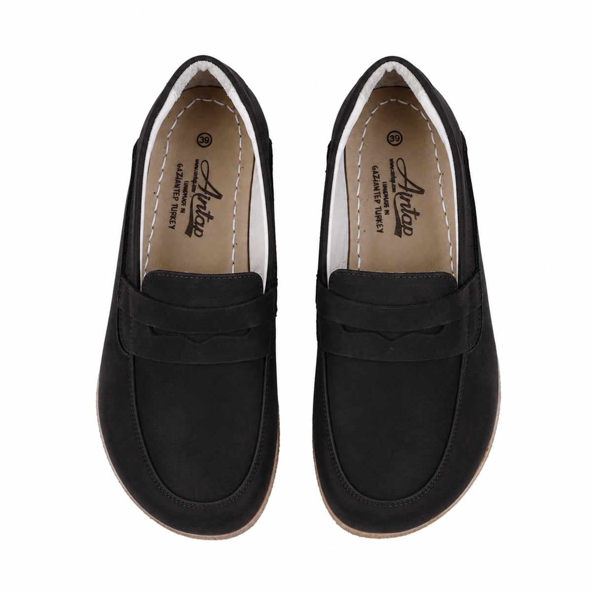 Nubuck Barefoot Penny Loafer Shoes – Classic Sole — Leather Sole – Black