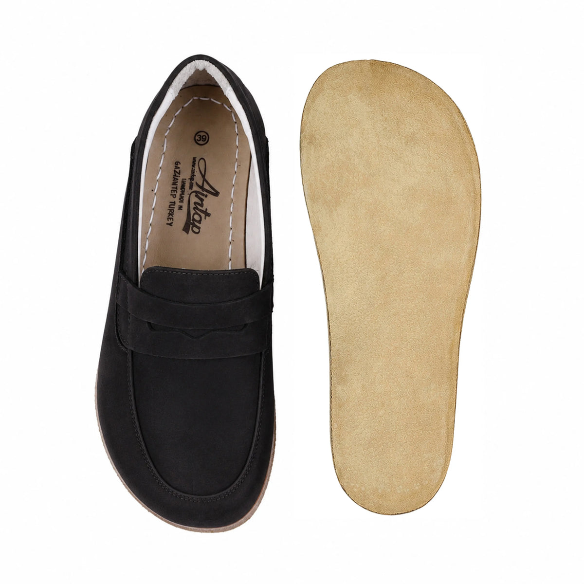 Nubuck Barefoot Penny Loafer Shoes – Classic Sole — Leather Sole – Black