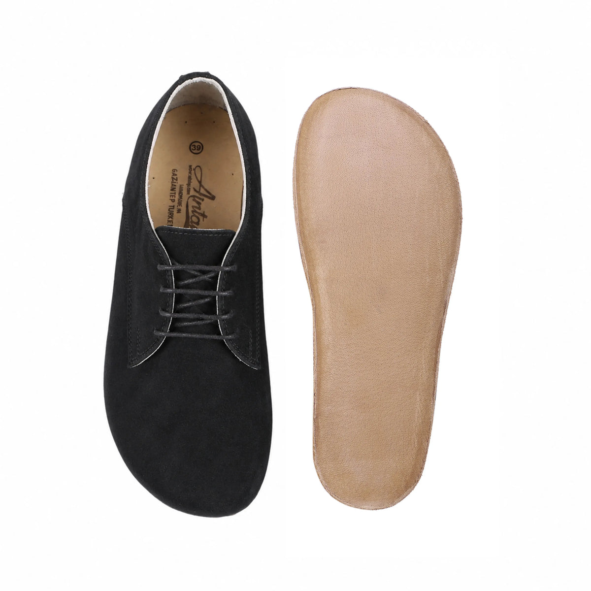 Suede Barefoot Oxford Shoes – Classic Sole — Leather Sole – Black