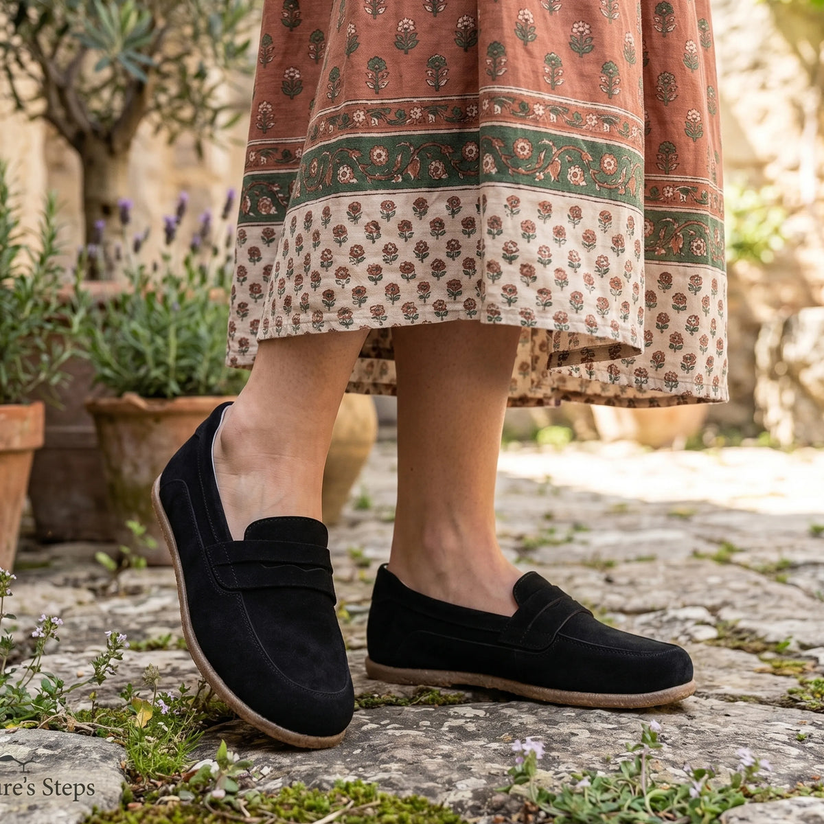 Suede Barefoot Penny Loafer Shoes – Classic Sole — Leather Sole – Black