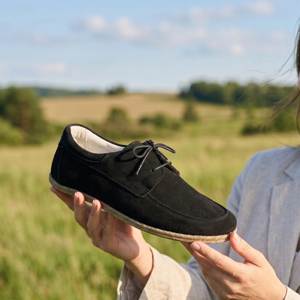Suede Barefoot Laces Penny Loafer Shoes – Classic Sole — Leather Sole – Black