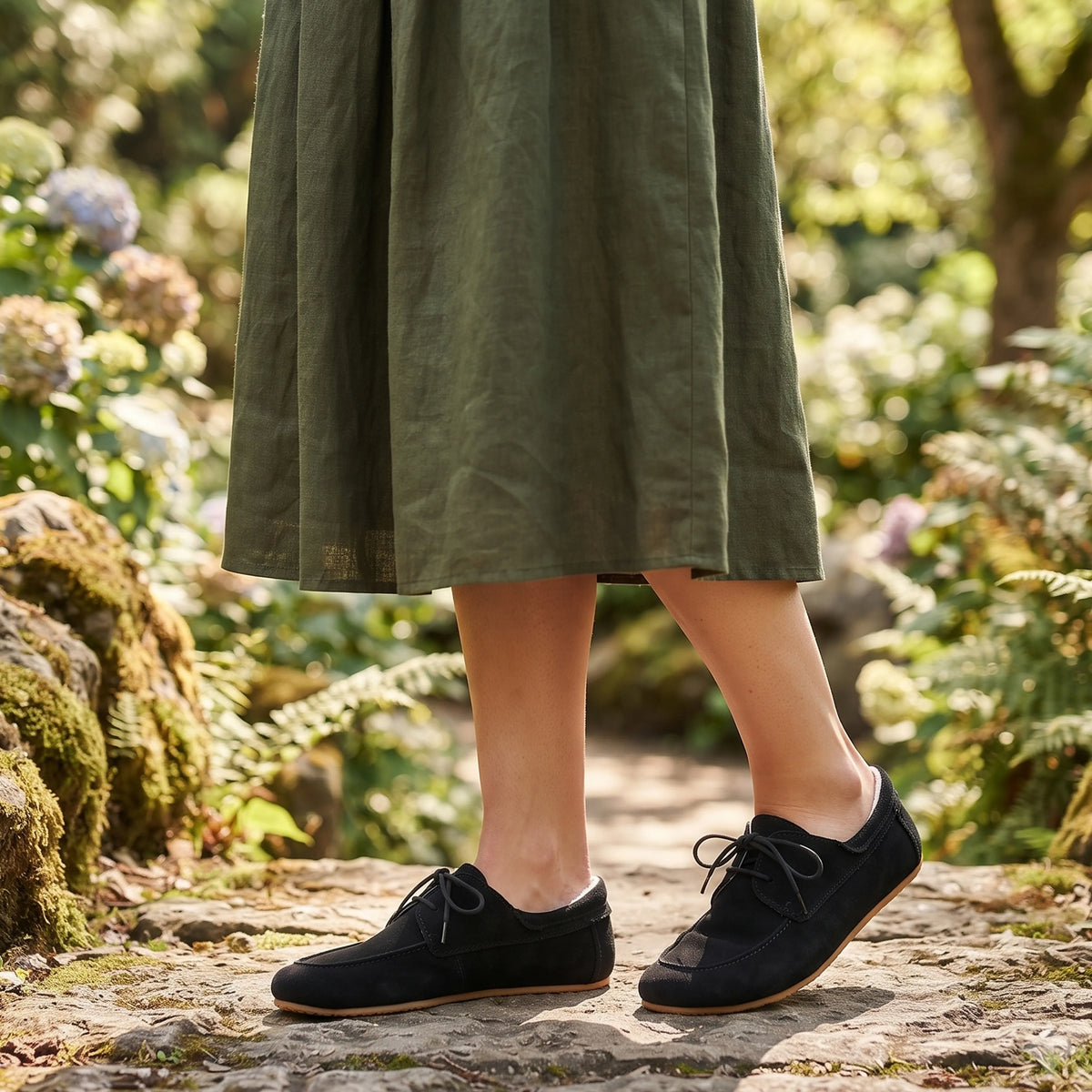 Suede Barefoot Laces Penny Loafer Shoes – Rubber Sole – Black