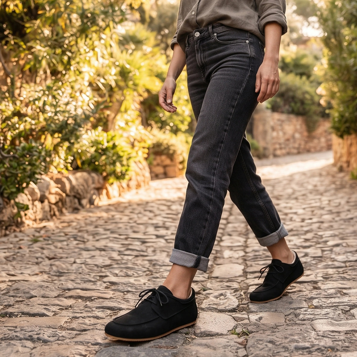 Nubuck Barefoot Laces Penny Loafer Shoes – Rubber Sole – Black