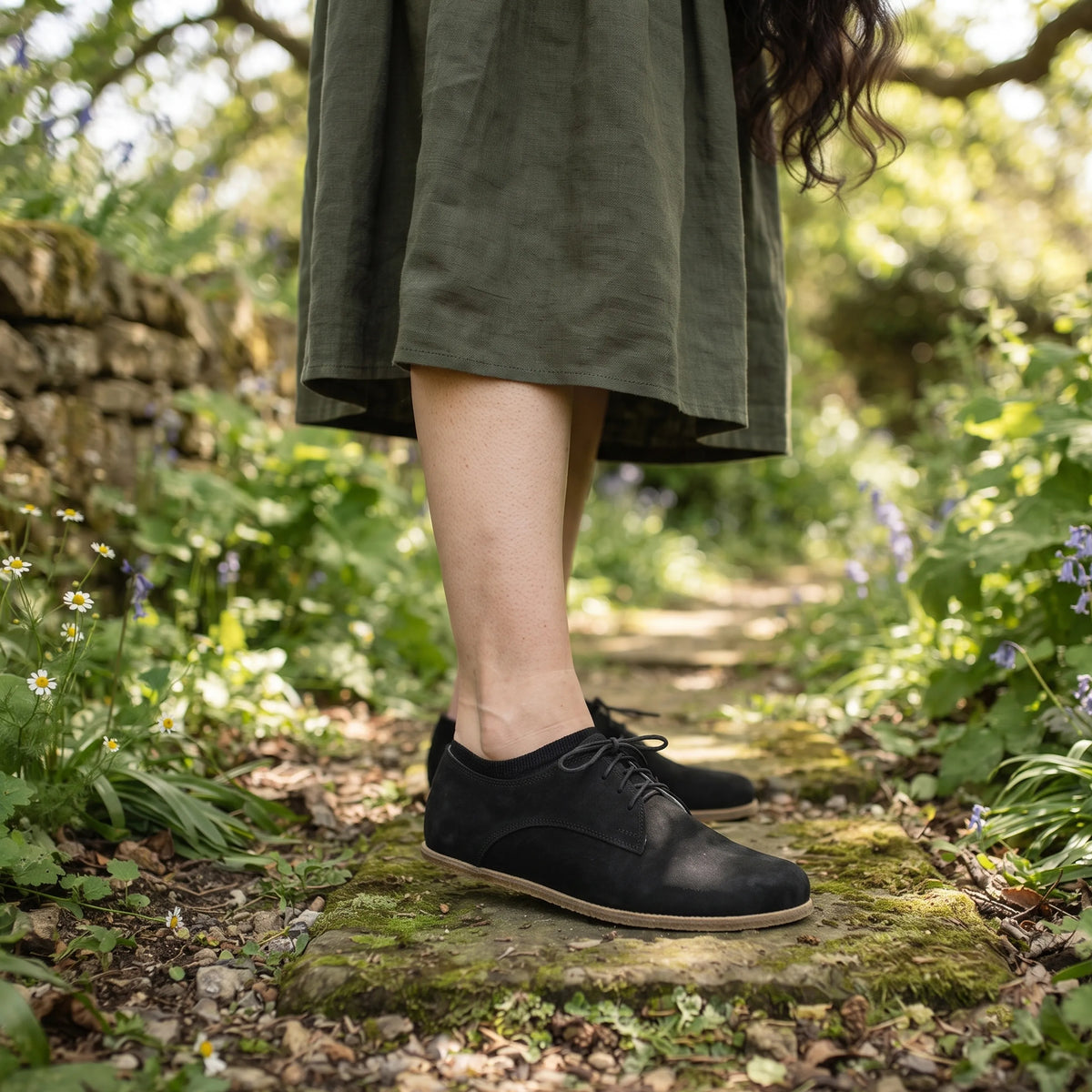 Nubuck Barefoot Oxford Shoes – Classic Sole — Leather Sole – Black