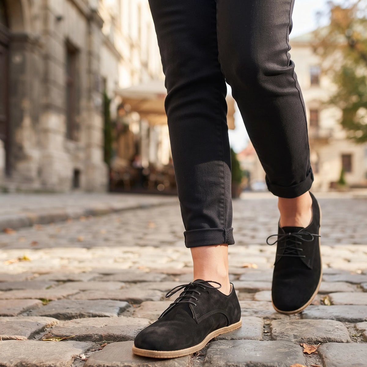 Suede Barefoot Oxford Shoes – Classic Sole — Leather Sole – Black
