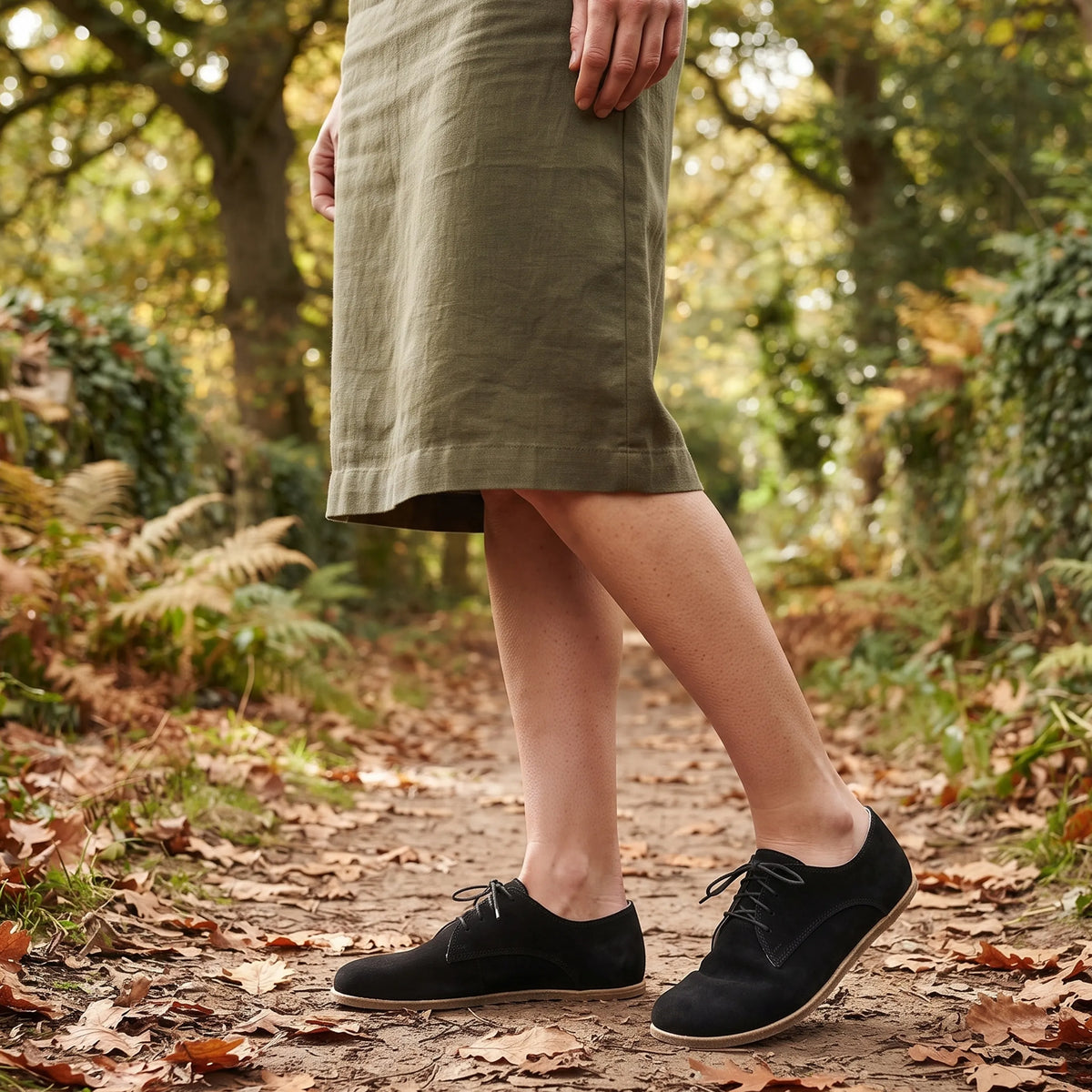 Suede Barefoot Oxford Shoes – Classic Sole — Leather Sole – Black