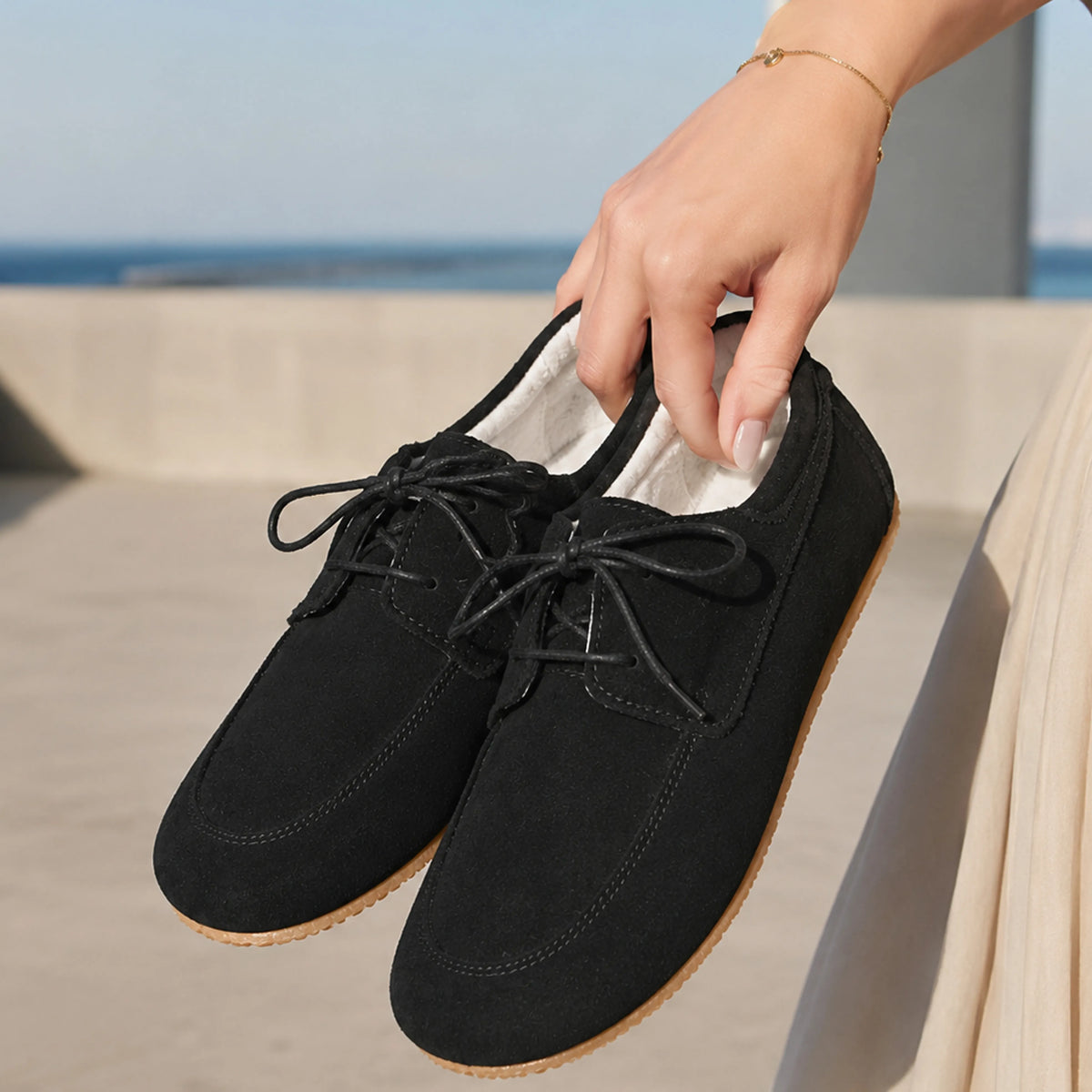 Suede Barefoot Laces Penny Loafer Shoes – Rubber Sole – Black