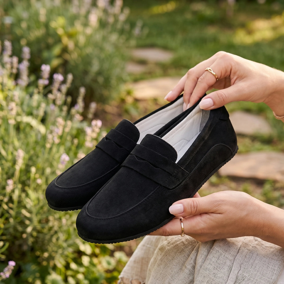 Suede Barefoot Penny Loafer Shoes – Rubber Sole – Black