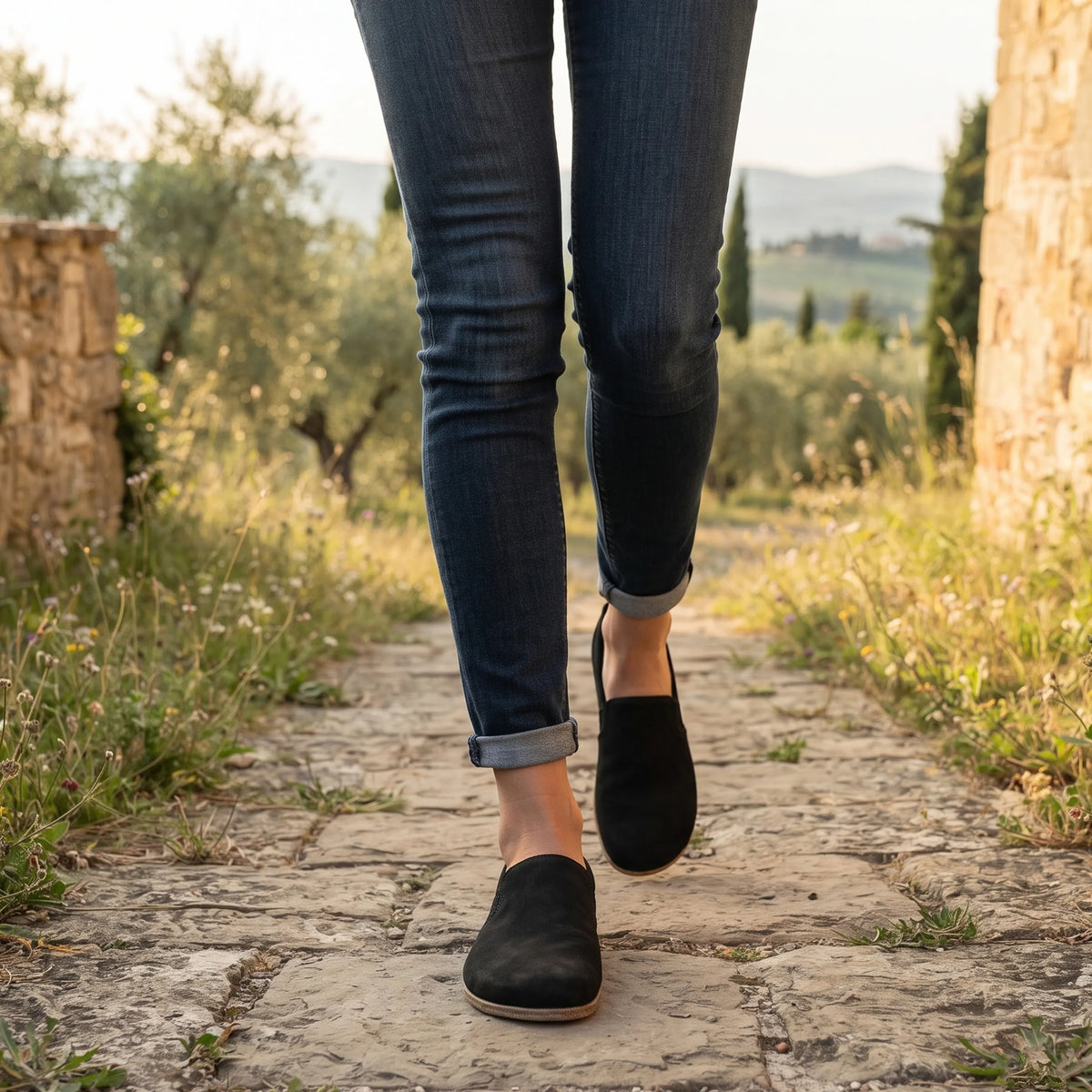 Nubuck Barefoot Slip-On Shoes – Classic Sole — Leather Sole – Black