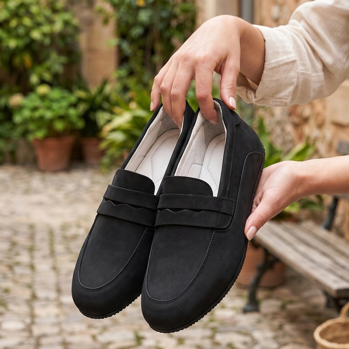 Nubuck Barefoot Penny Loafer Shoes – Rubber Sole – Black