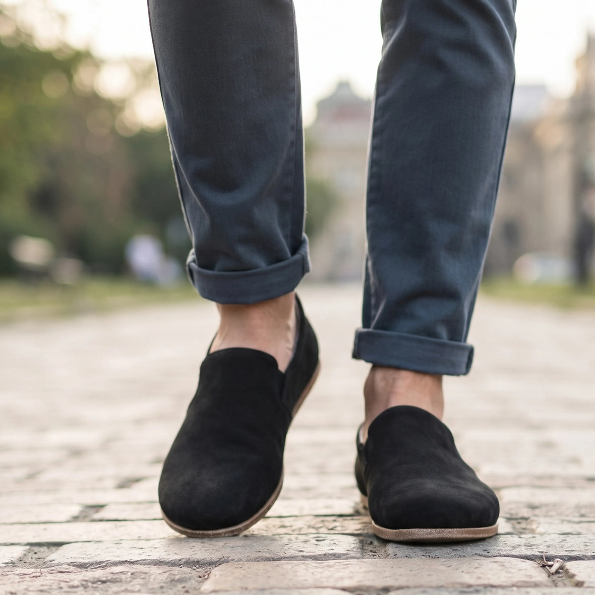 Nubuck Barefoot Slip-On Shoes – Classic Sole — Leather Sole – Black