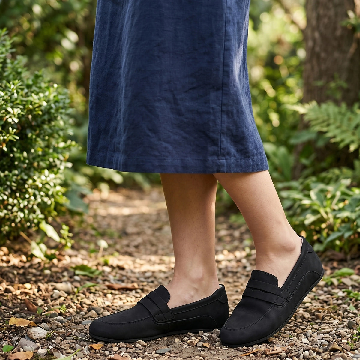 Nubuck Barefoot Penny Loafer Shoes – Rubber Sole – Black