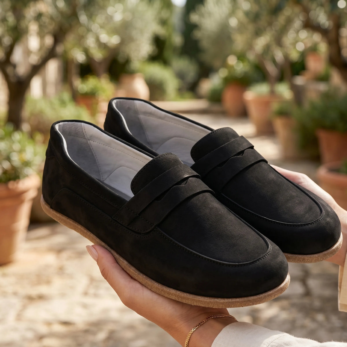 Nubuck Barefoot Penny Loafer Shoes – Classic Sole — Leather Sole – Black
