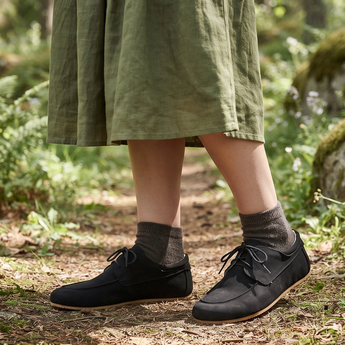 Nubuck Barefoot Laces Penny Loafer Shoes – Rubber Sole – Black