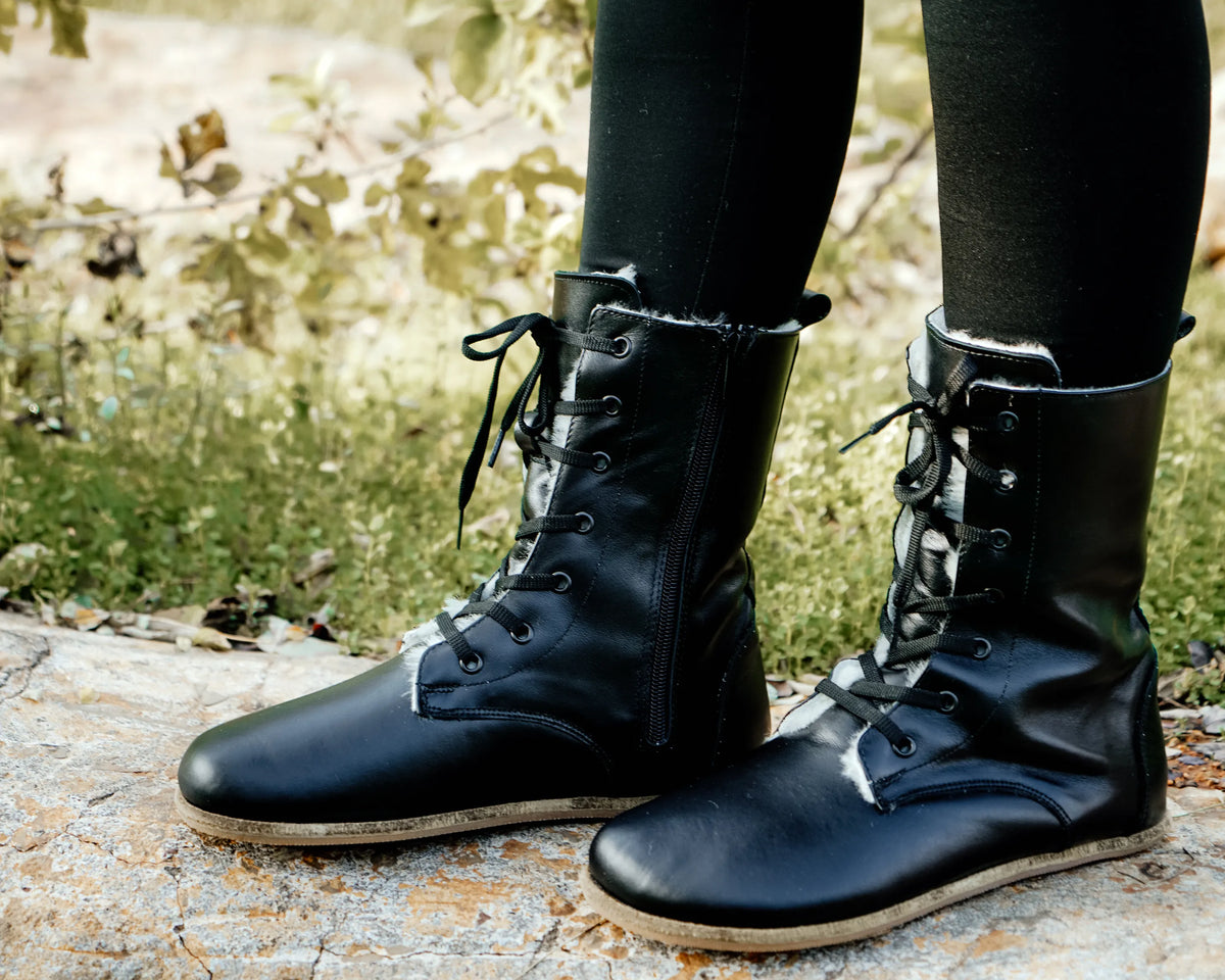 Smooth Barefoot Shearling Long Boots Shoes – Classic Sole — Leather Sole – Black