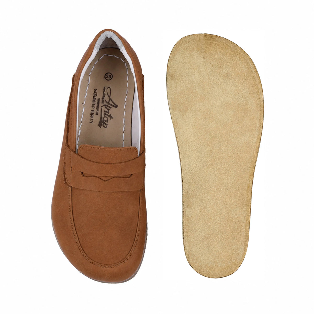 Nubuck Barefoot Penny Loafer Shoes – Classic Sole — Leather Sole – Tan
