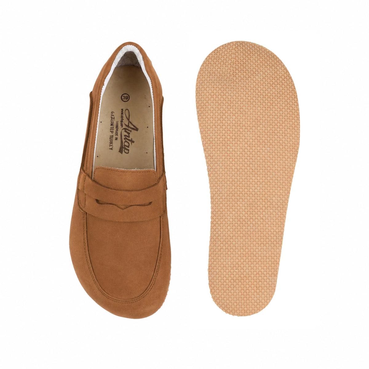 Nubuck Barefoot Penny Loafer Shoes – Rubber Sole – Tan