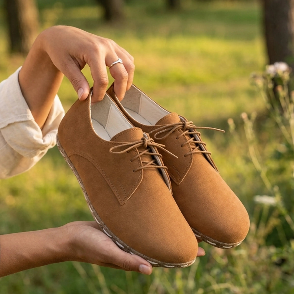 Nubuck Barefoot Oxford Shoes — Leather Sole – Tan