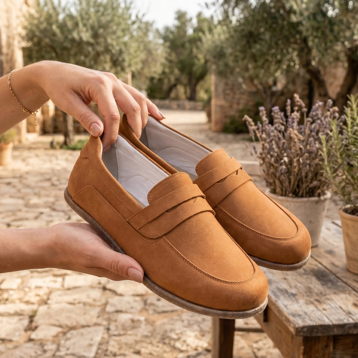 Nubuck Barefoot Penny Loafer Shoes – Classic Sole — Leather Sole – Tan