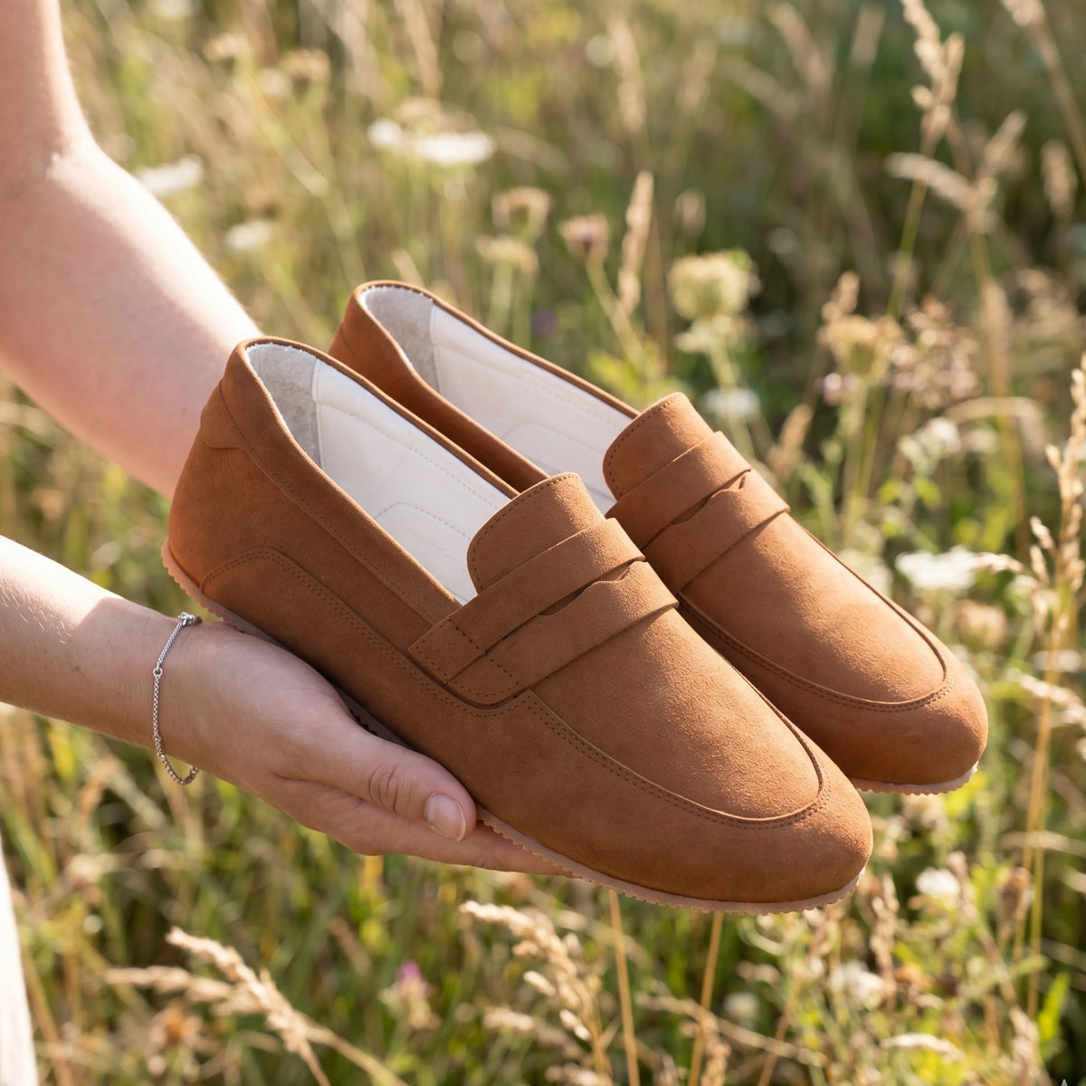 Nubuck Barefoot Penny Loafer Shoes – Rubber Sole – Tan