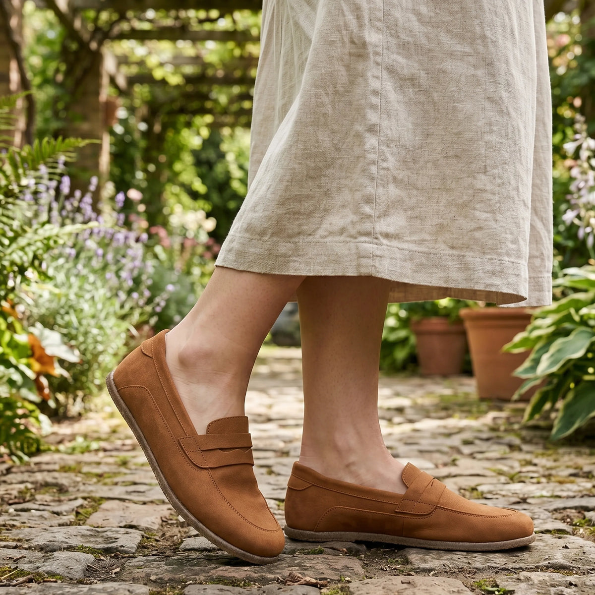 Nubuck Barefoot Penny Loafer Shoes – Classic Sole — Leather Sole – Tan