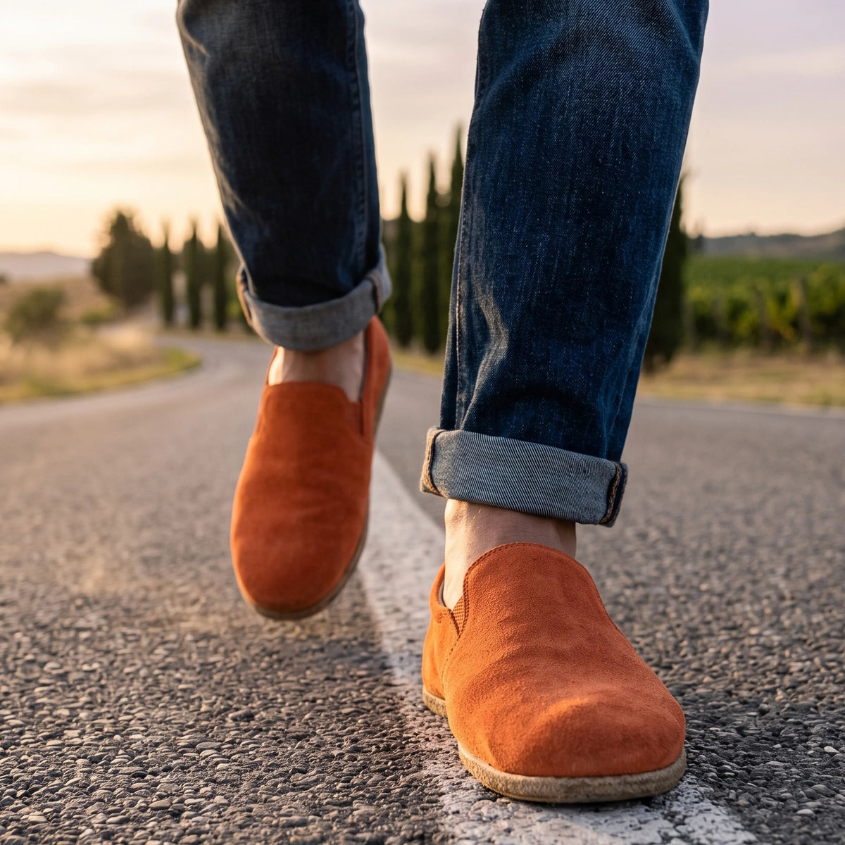 Suede Barefoot Slip-On Shoes – Classic Sole — Leather Sole – Orange