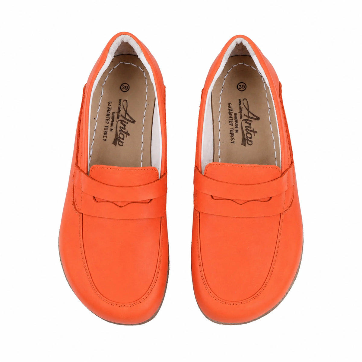 Smooth Barefoot Penny Loafer Shoes – Classic Sole — Leather Sole – Orange