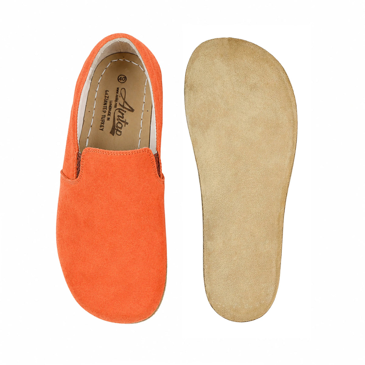 Suede Barefoot Slip-On Shoes – Classic Sole — Leather Sole – Orange