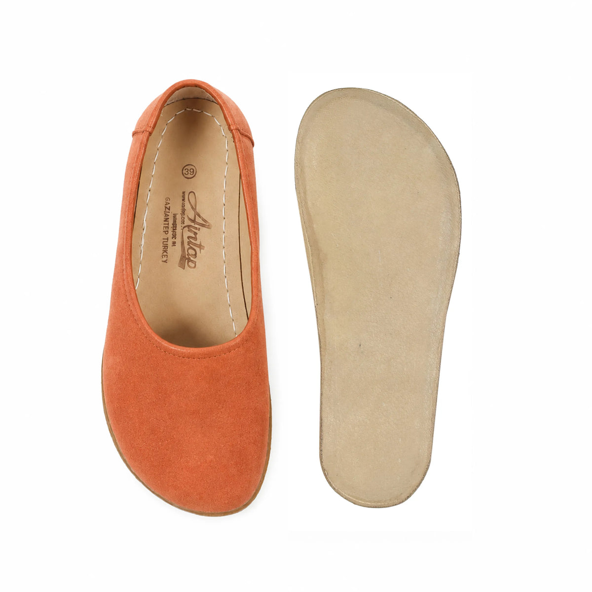 Suede Barefoot Ballet Shoes – Classic Sole — Leather Sole – Orange