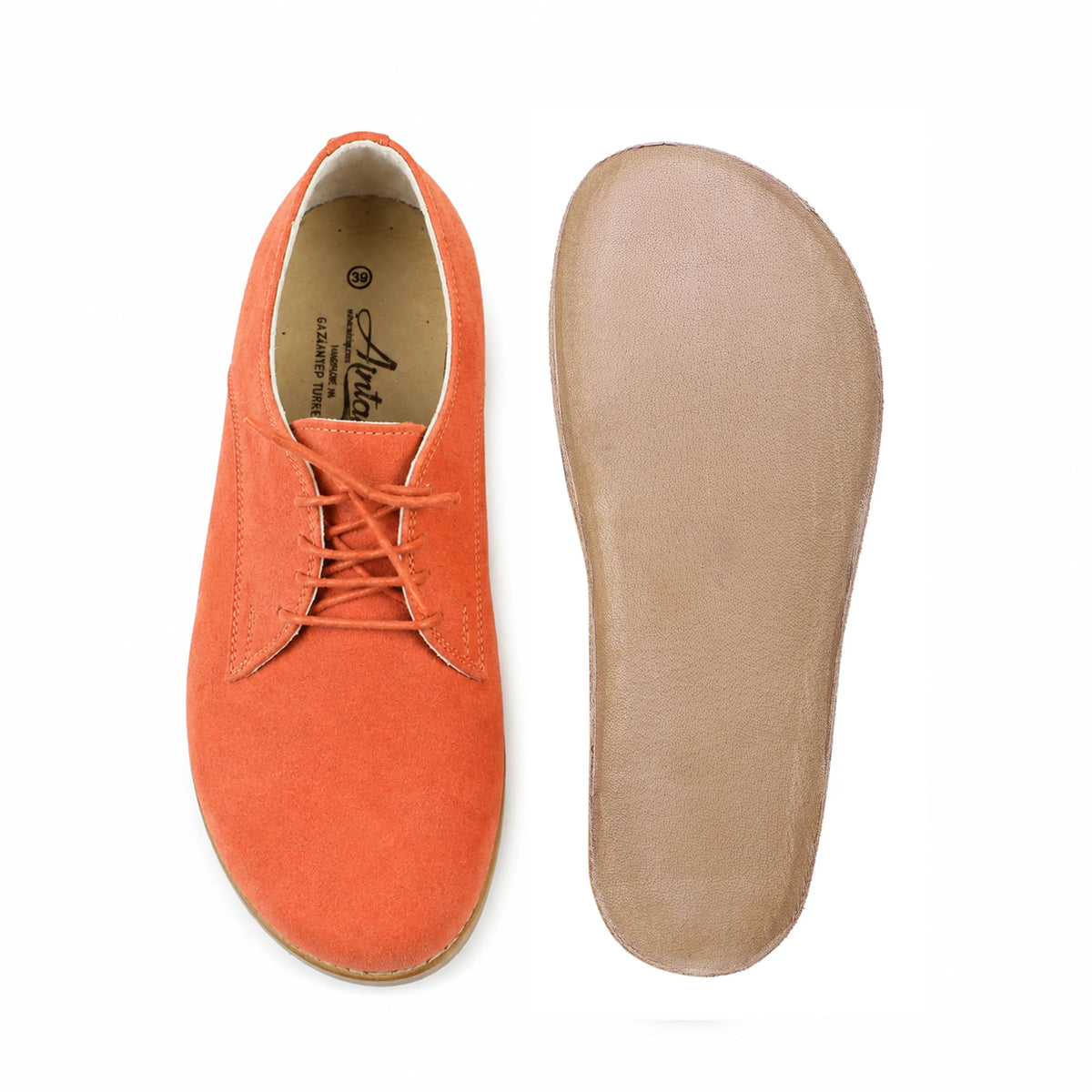Suede Barefoot Oxford Shoes – Classic Sole — Leather Sole – Orange