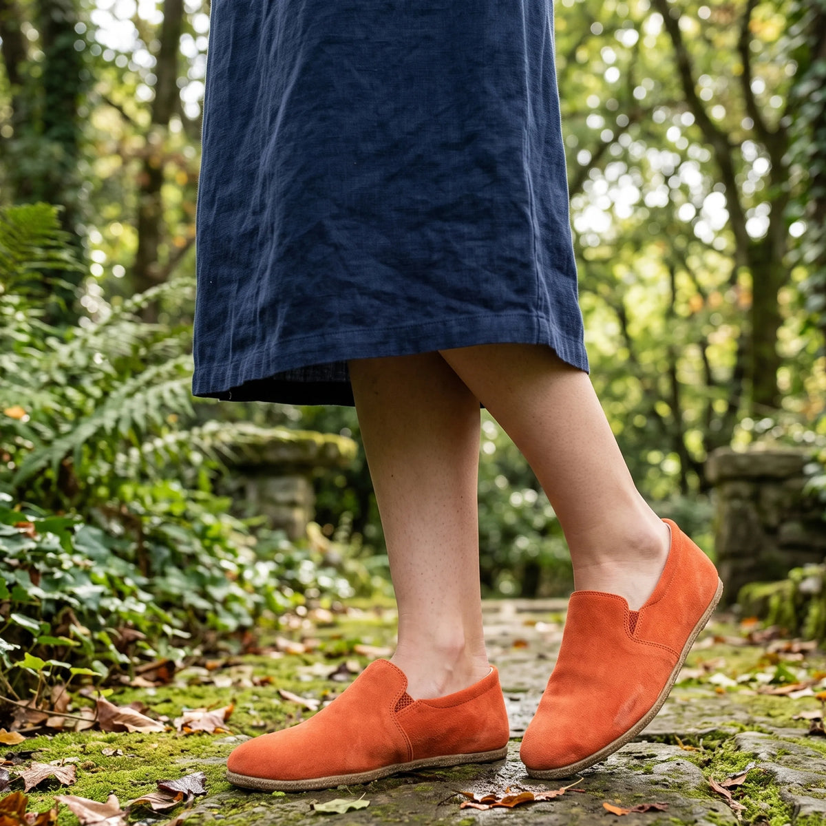 Suede Barefoot Slip-On Shoes – Classic Sole — Leather Sole – Orange