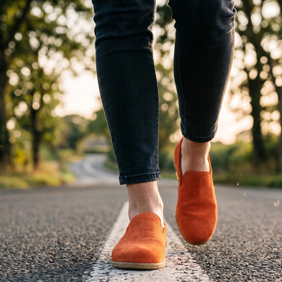 Suede Barefoot Slip-On Shoes – Classic Sole — Leather Sole – Orange