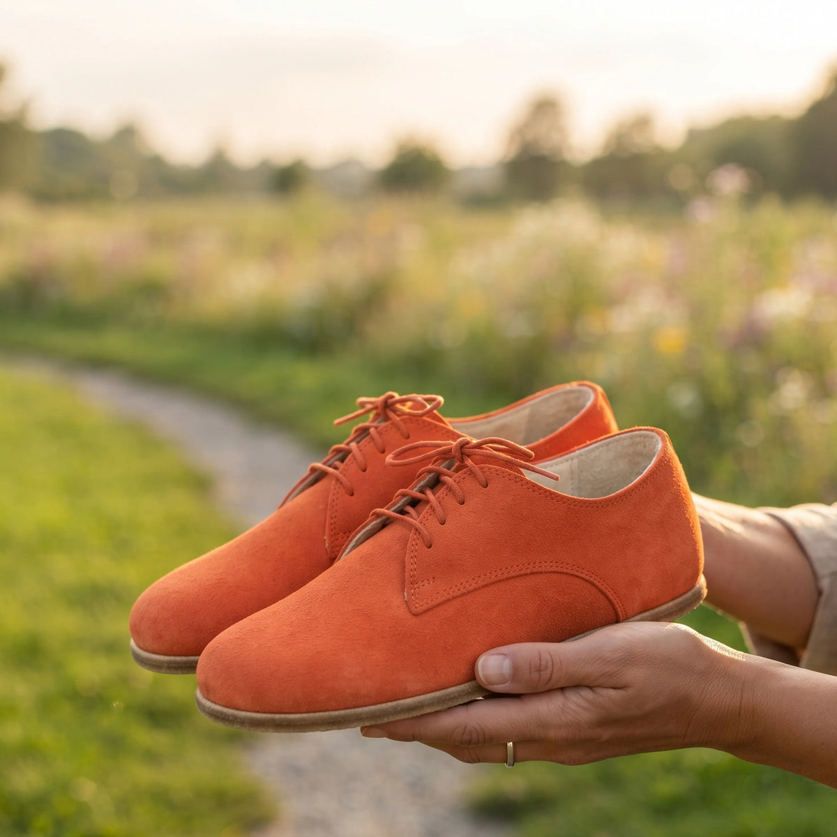 Suede Barefoot Oxford Shoes – Classic Sole — Leather Sole – Orange